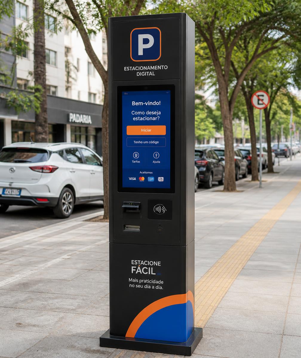 Totem digital de autoatendimento de estacionamento rotativo na calçada